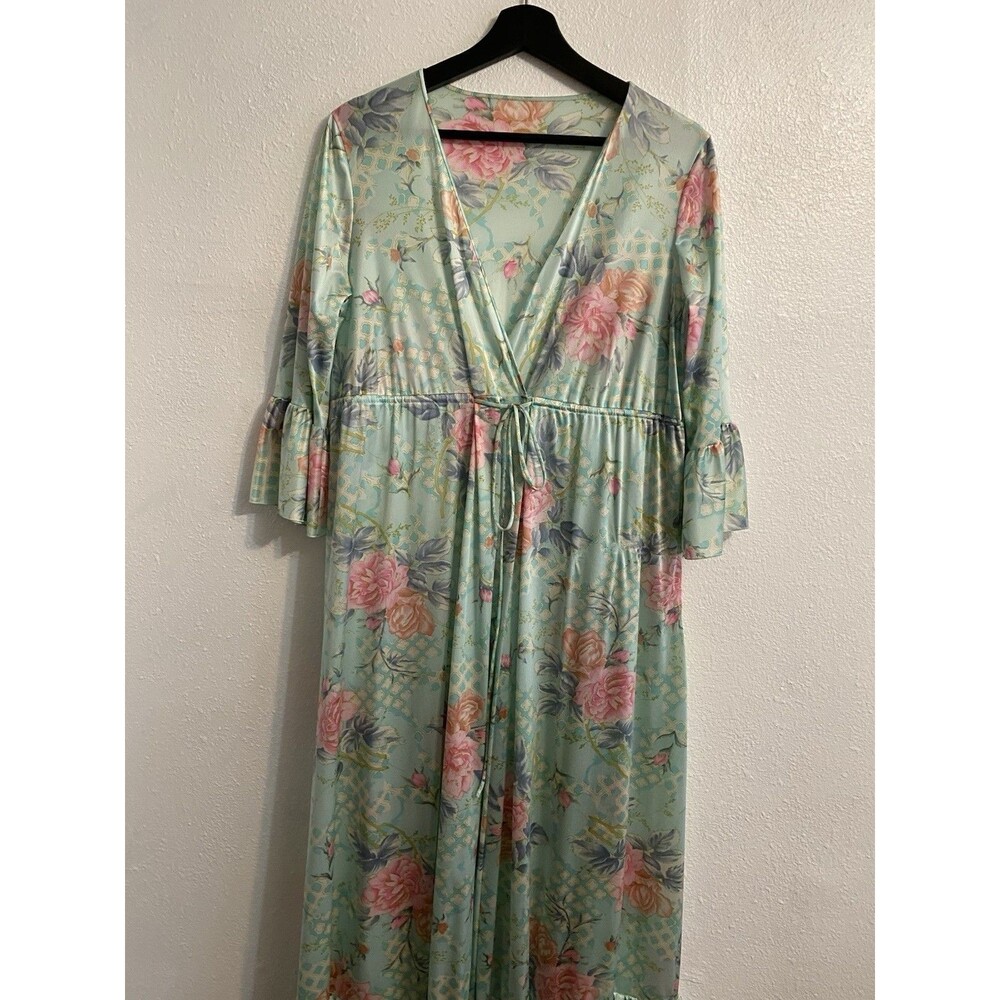 Feminine Women's M Floral 3/4 Ruffle Sleeve Babydoll Peignoir Robe Vintage F38